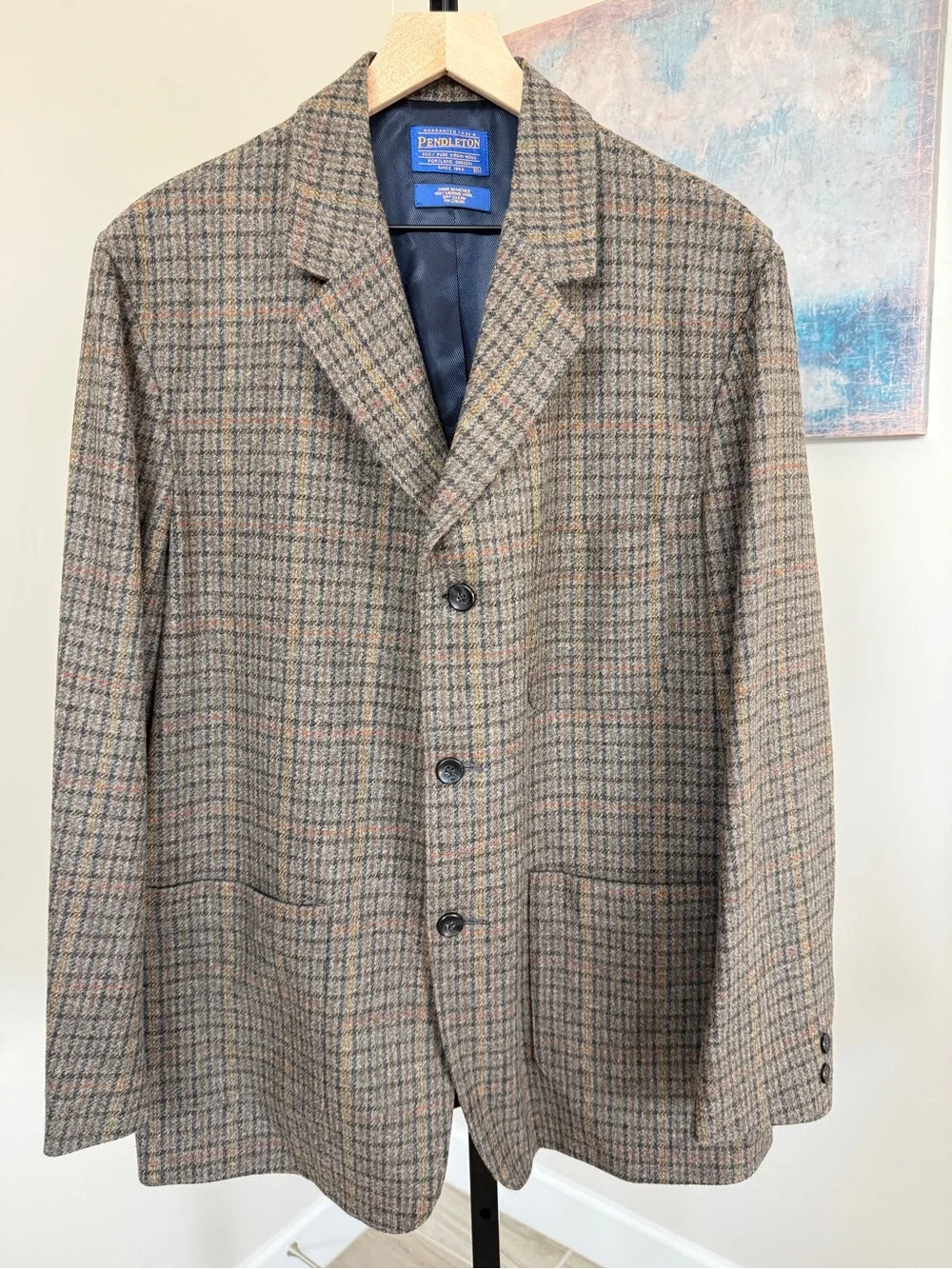 Pendleton Vintage Y2K Mens XL Merino Wool Plaid Blazer Sport Coat Brown Gray